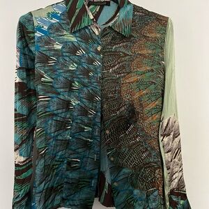 Roberto Cavalli Brown Teal Orange Silk-Blend Print Top